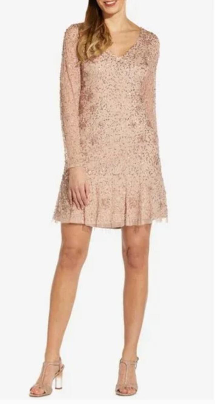 ADRIANNA PAPELL NWT Beaded Cocktail Dress AP1E208670 in Biscotti // 6